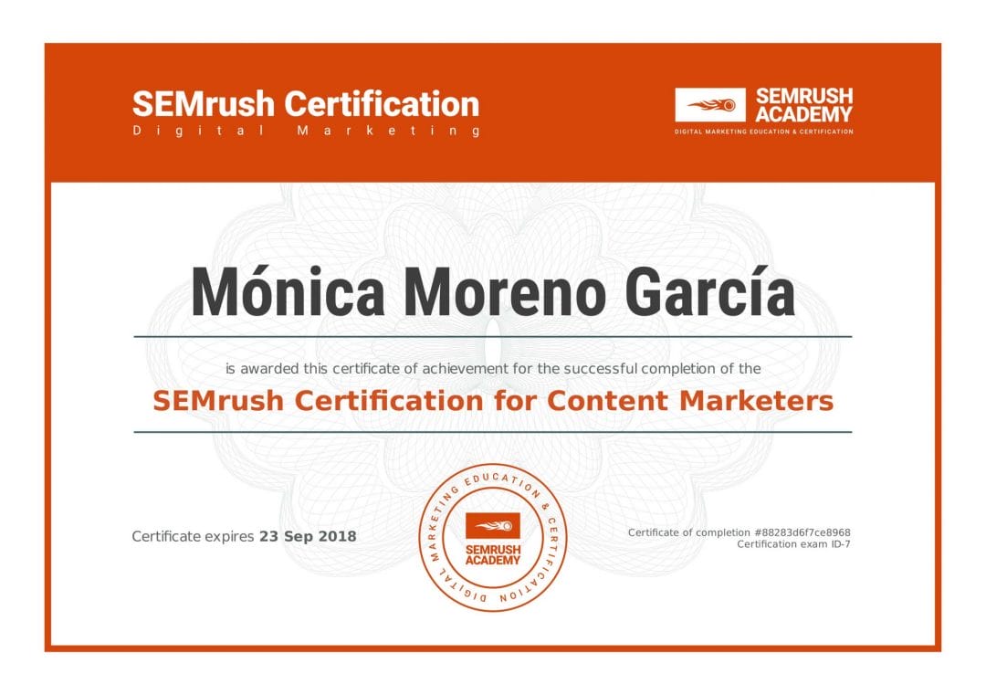 SEMrush - Certification for Content Marketers - Web Positioning - SEO - Utrera (Sevilla)